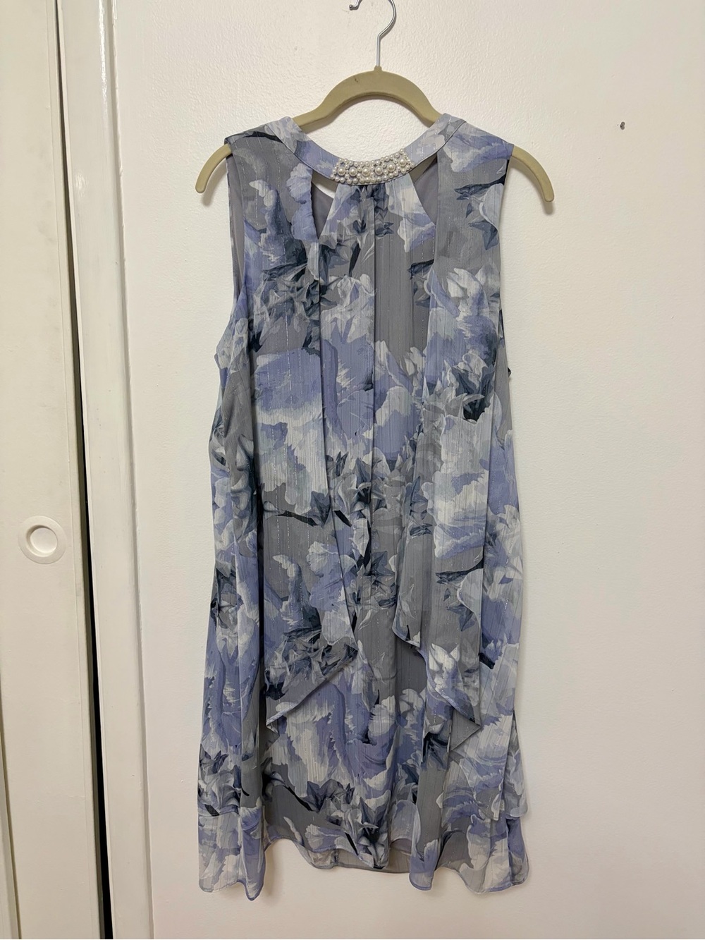 SLNY Blue and Gray Floral Sleeveless Chiffon Dress with Pearl Trim